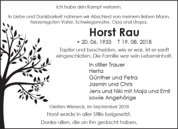 Traueranzeige von Horst Rau von  Gießener Anzeiger