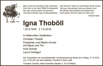 Traueranzeige von Igna Thoböll von vrm-trauer