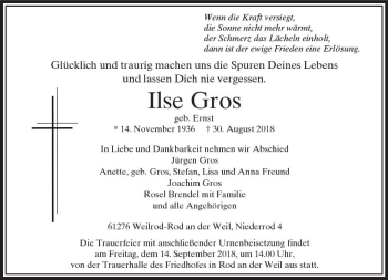 Traueranzeige von Ilse Gros von  Usinger Anzeiger