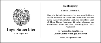 Traueranzeige von Inge Sauerbier von vrm-trauer