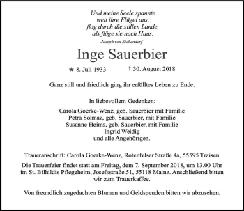 Traueranzeige von Inge Sauerbier von vrm-trauer