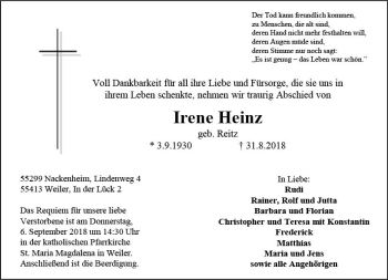 Traueranzeige von Irene Heinz von vrm-trauer