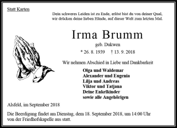 Traueranzeige von Irma Brumm von VRM Trauer