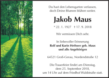 Traueranzeige von Jakob Maus von vrm-trauer