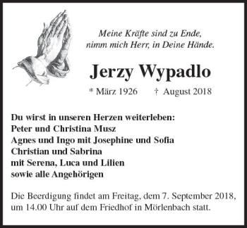 Traueranzeige von Jerzy Wypadlo von vrm-trauer