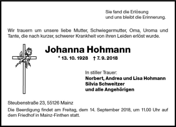 Traueranzeige von Johanna Hohmann von vrm-trauer