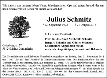 Traueranzeige von Julius Schmitz von vrm-trauer