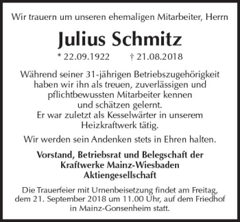 Traueranzeige von Julius Schmitz von vrm-trauer