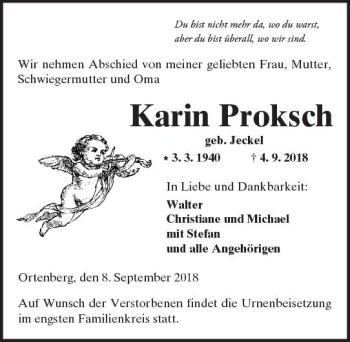 Traueranzeige von Karin Proksch von  Kreisanzeiger