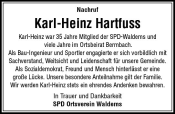 Traueranzeige von Karl-Heinz Hartfuss von  Camberger Anzeiger