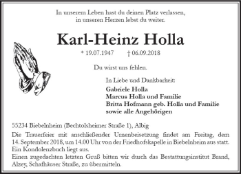 Traueranzeige von Karl-Heinz Holla von vrm-trauer