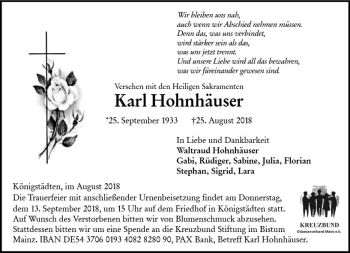 Traueranzeige von Karl Hohnhäuser von vrm-trauer