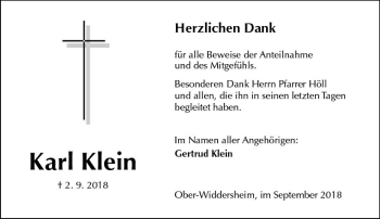 Traueranzeige von Karl Klein von  Kreisanzeiger