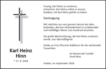 Traueranzeige von Karl Heinz Hinn von  Gießener Anzeiger