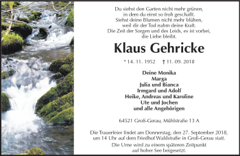 Traueranzeige von Klaus Gehricke von vrm-trauer