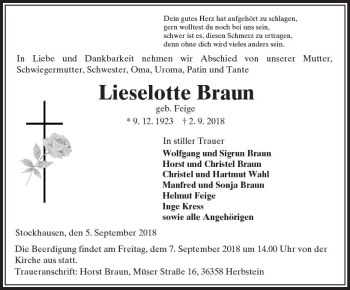 Traueranzeige von Lieselotte Braun von VRM Trauer