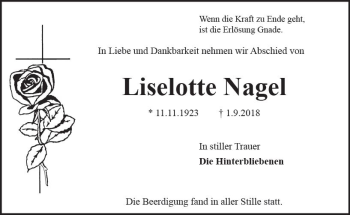Traueranzeige von Liselotte Nagel von vrm-trauer