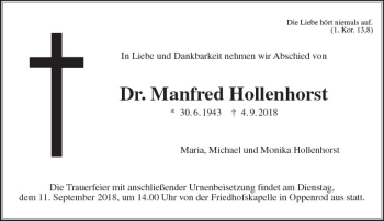 Traueranzeige von Manfred Hollenhorst von  Gießener Anzeiger