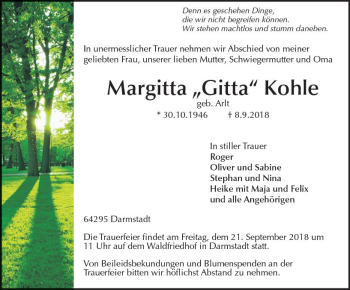 Traueranzeige von Margitta Kohle von vrm-trauer
