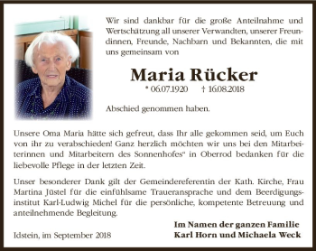 Traueranzeige von Maria Rücker von vrm-trauer