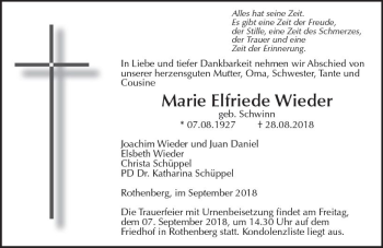 Traueranzeige von Marie Elfriede Wieder von vrm-trauer