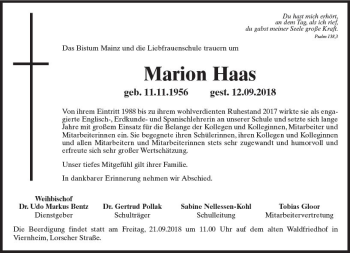 Traueranzeige von Marion Haas von vrm-trauer