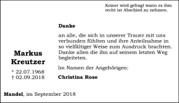Traueranzeige von Markus Kreutzer von vrm-trauer