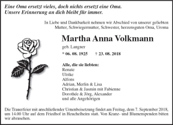 Traueranzeige von Martha Anna Volkmann von  Gießener Anzeiger