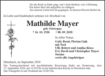 Traueranzeige von Mathilde Mayer von vrm-trauer