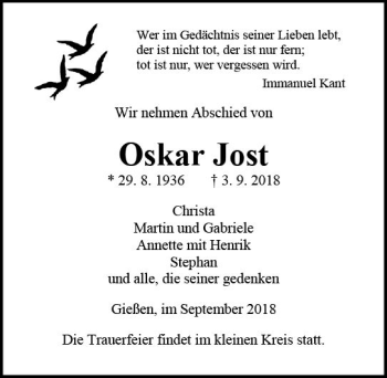 Traueranzeige von Oskar Jost von  Gießener Anzeiger