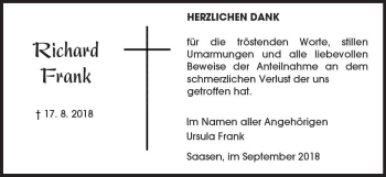 Traueranzeige von Richard Frank von  Gießener Anzeiger