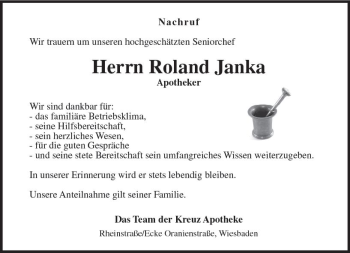 Traueranzeige von Roland Janka von vrm-trauer