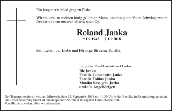 Traueranzeige von Roland Janka von vrm-trauer
