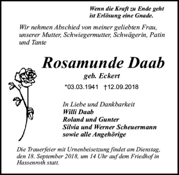Traueranzeige von Rosamunde Daab von vrm-trauer