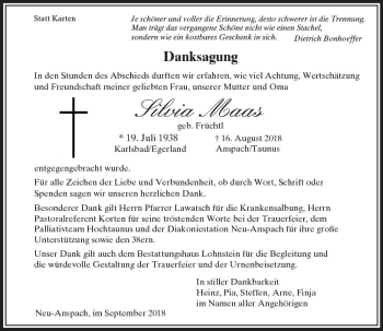 Traueranzeige von Silvia Maas von  Usinger Anzeiger
