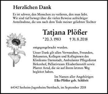 Traueranzeige von Tatjana Plößer von vrm-trauer