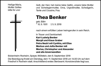 Traueranzeige von Thea Benker von vrm-trauer