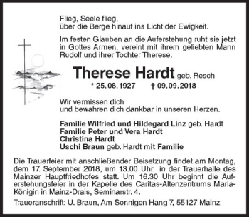 Traueranzeige von Therese Hardt von vrm-trauer