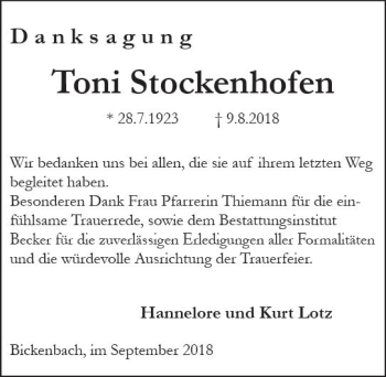 Traueranzeige von Toni Stockenhofen von vrm-trauer