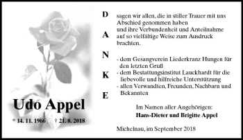 Traueranzeige von Udo Appel von  Kreisanzeiger