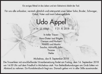 Traueranzeige von Udo Appel von  Kreisanzeiger
