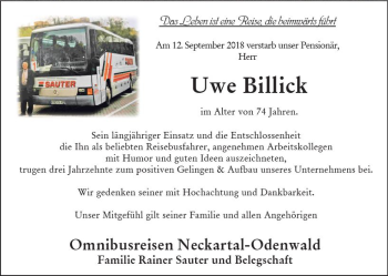 Traueranzeige von Uwe Billick von vrm-trauer
