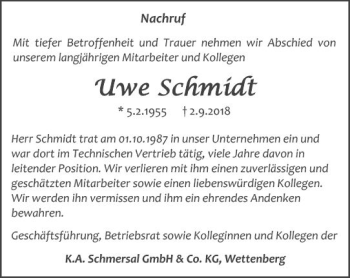 Traueranzeige von Uwe Schmidt von  Gießener Anzeiger