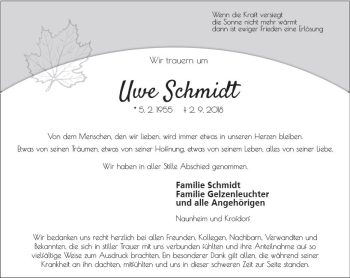 Traueranzeige von Uwe Schmidt von  Gießener Anzeiger