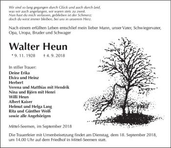 Traueranzeige von Walter Heun von  Kreisanzeiger