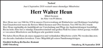 Traueranzeige von Walter Heun von  Kreisanzeiger