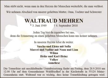 Traueranzeige von Waltraud Mehren von vrm-trauer