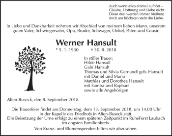 Traueranzeige von Werner Hansult von  Gießener Anzeiger