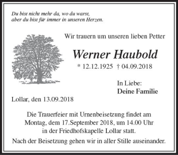 Traueranzeige von Werner Haubold von  Gießener Anzeiger