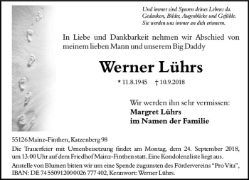Traueranzeige von Werner Lührs von vrm-trauer